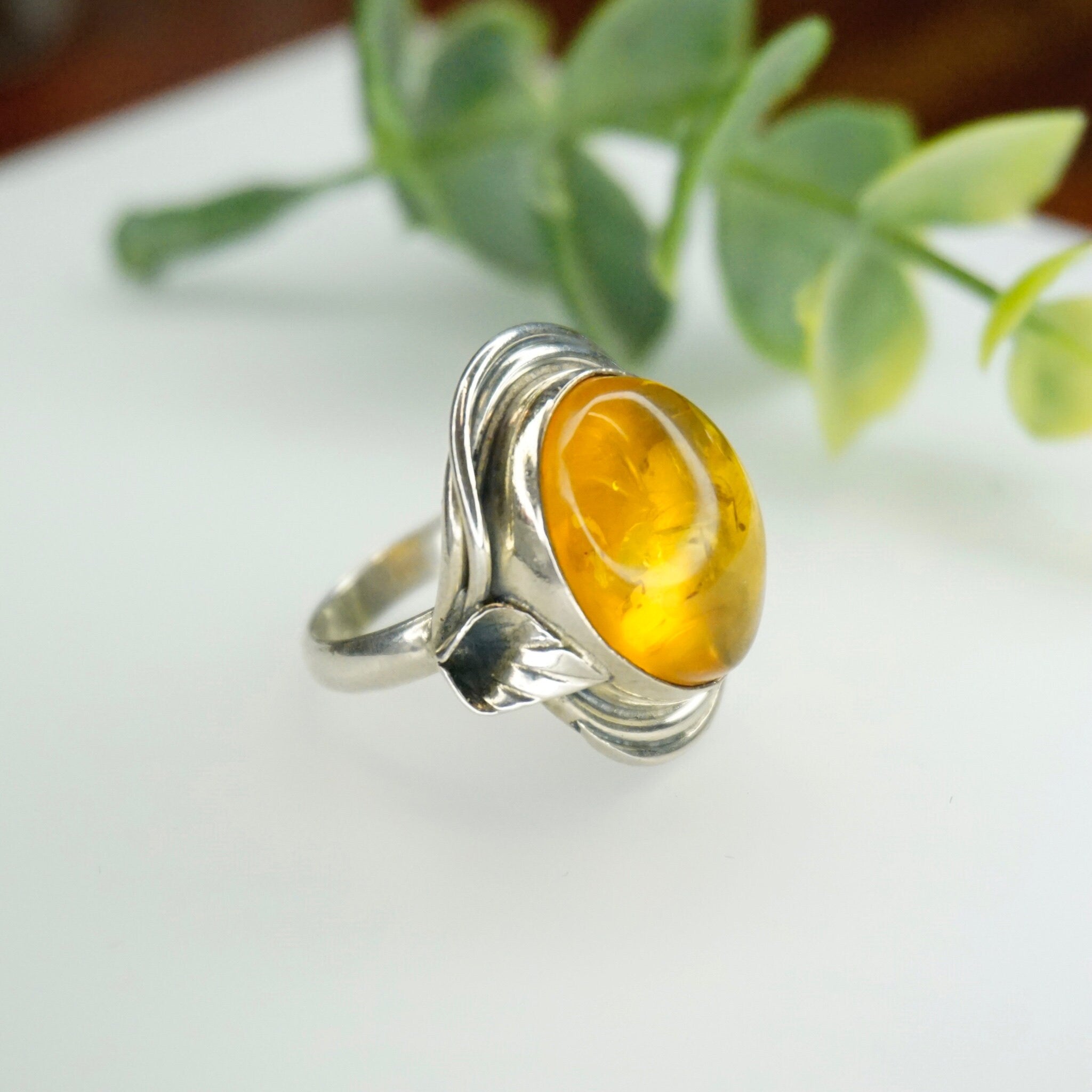 Vintage Sterling Silver Amber Ring, Natural Amber Ring With Accent Silver Details, Amber With Inclusions, Petite Ring, 925 Jewelry