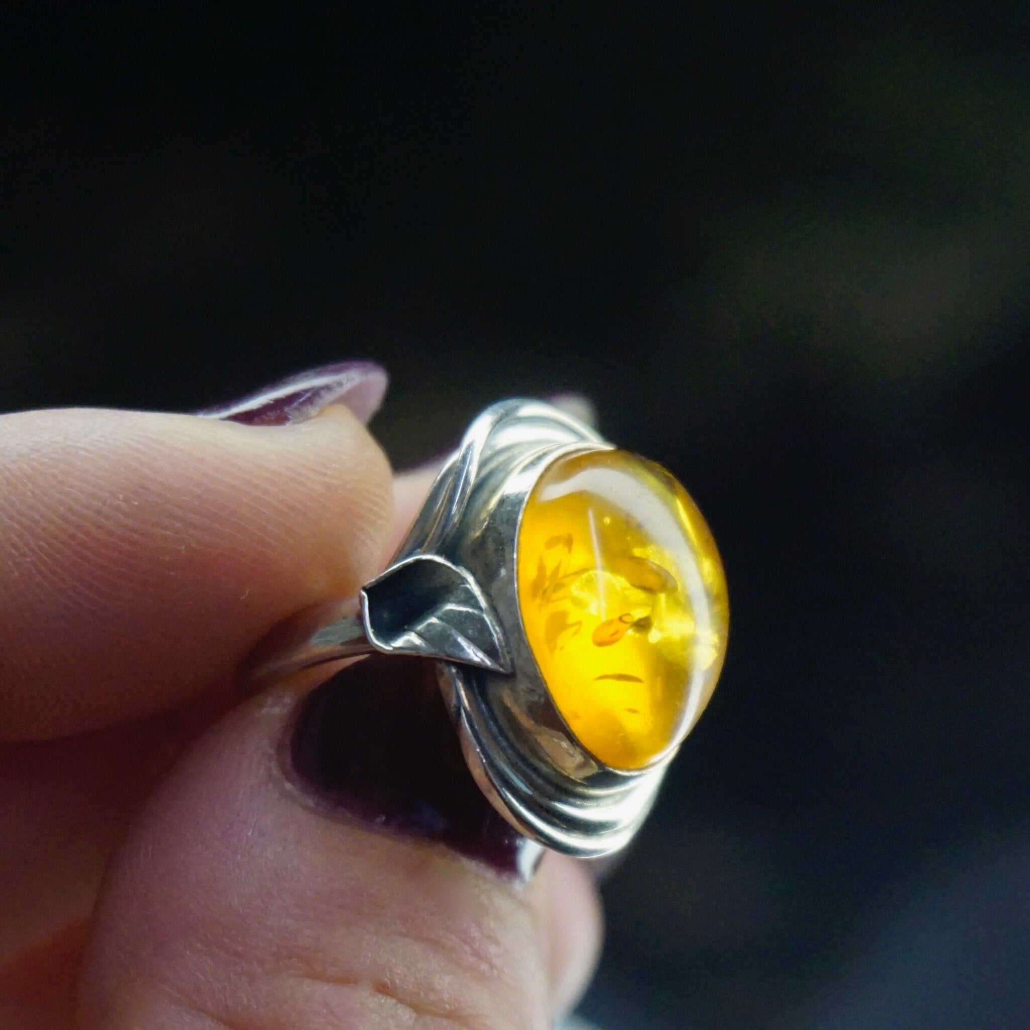 Vintage Sterling Silver Amber Ring, Natural Amber Ring With Accent Silver Details, Amber With Inclusions, Petite Ring, 925 Jewelry