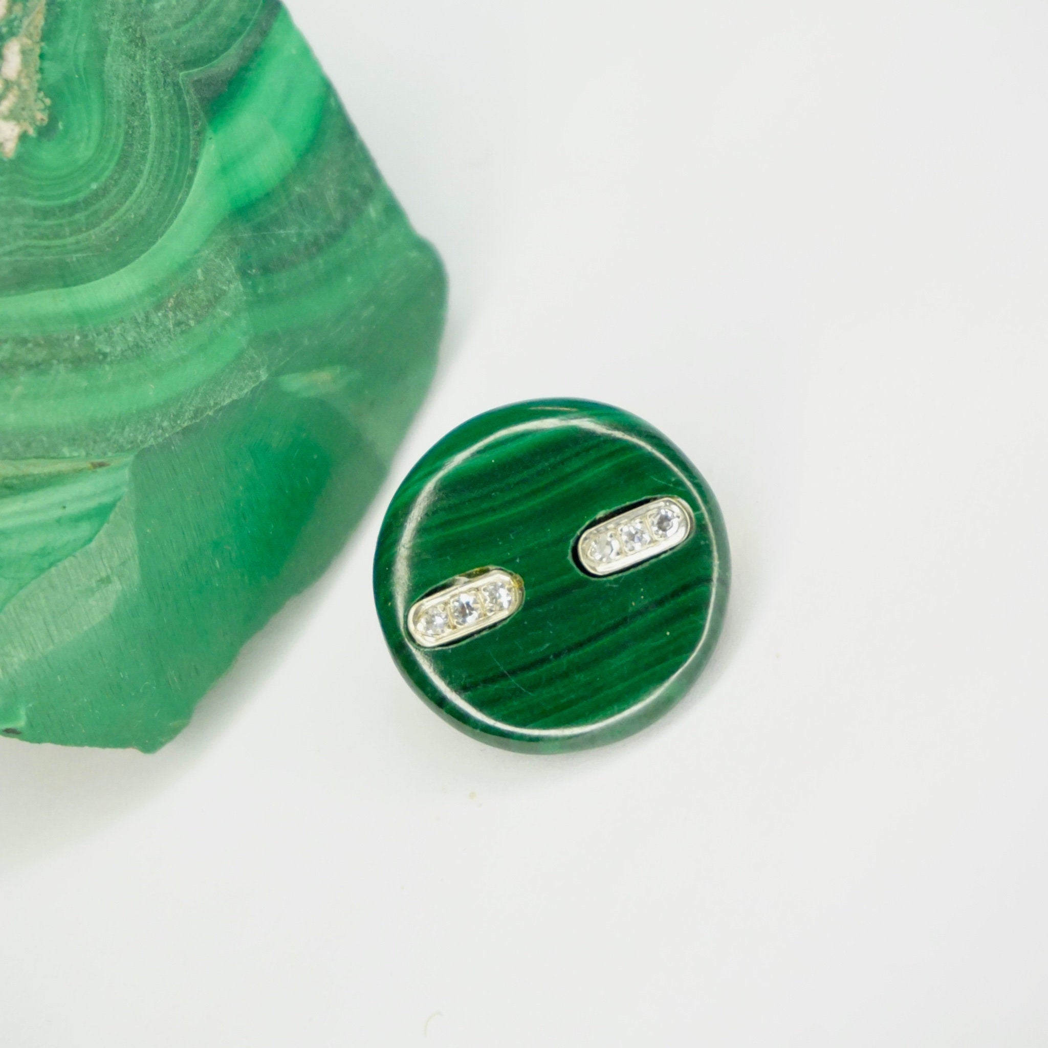 Vintage 14k Gold Diamond Malachite Barrette/Clip, Small Circle Malachite Pin With Diamond Accents and Gold Setting, Green Diamond Clip