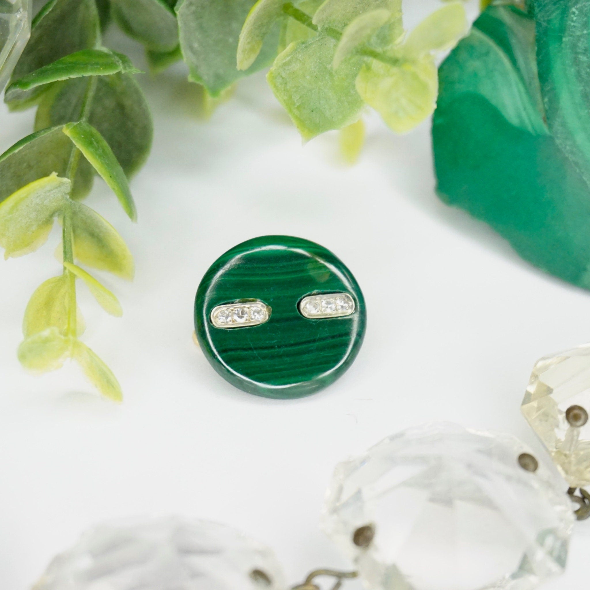 Vintage 14k Gold Diamond Malachite Barrette/Clip, Small Circle Malachite Pin With Diamond Accents and Gold Setting, Green Diamond Clip