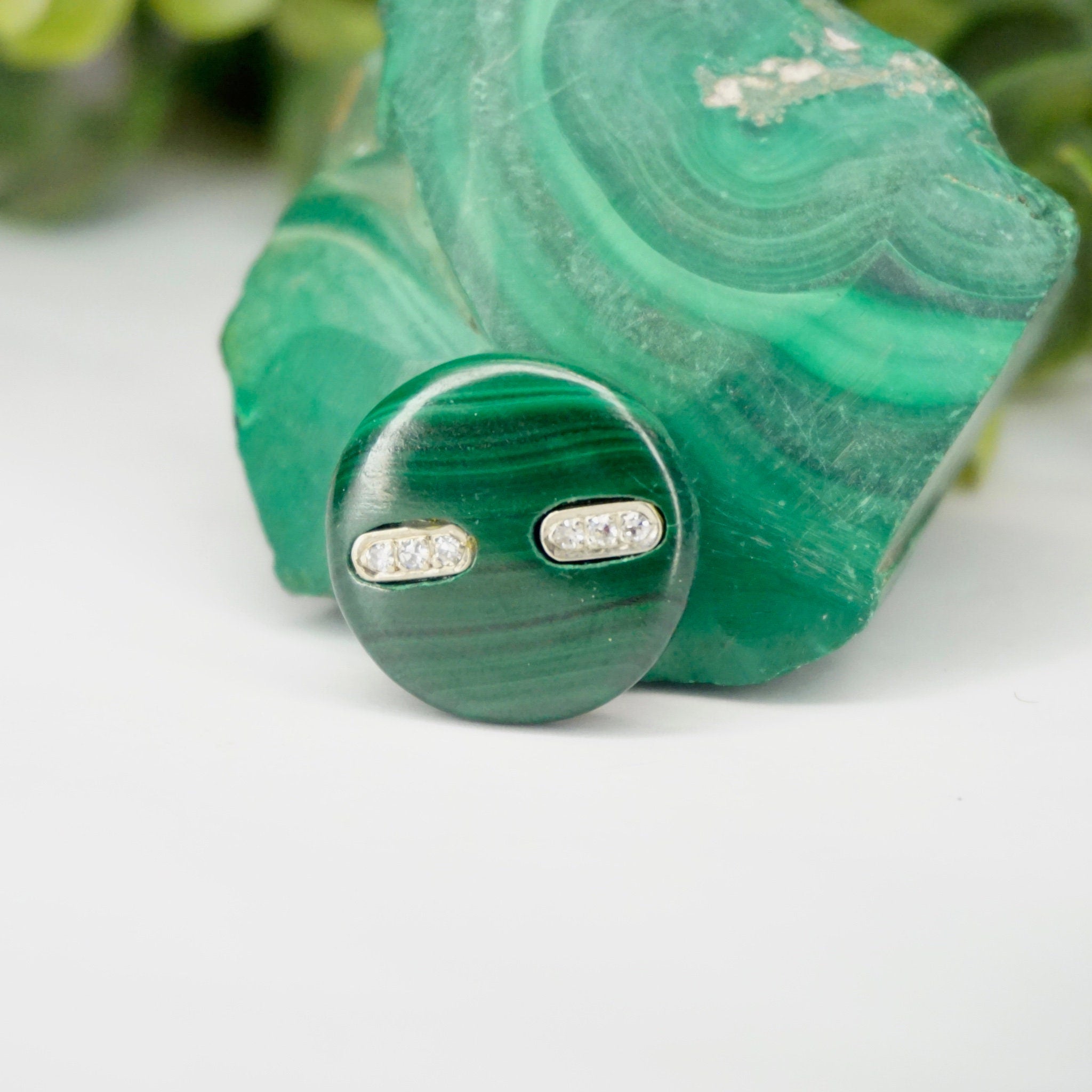 Vintage 14k Gold Diamond Malachite Barrette/Clip, Small Circle Malachite Pin With Diamond Accents and Gold Setting, Green Diamond Clip