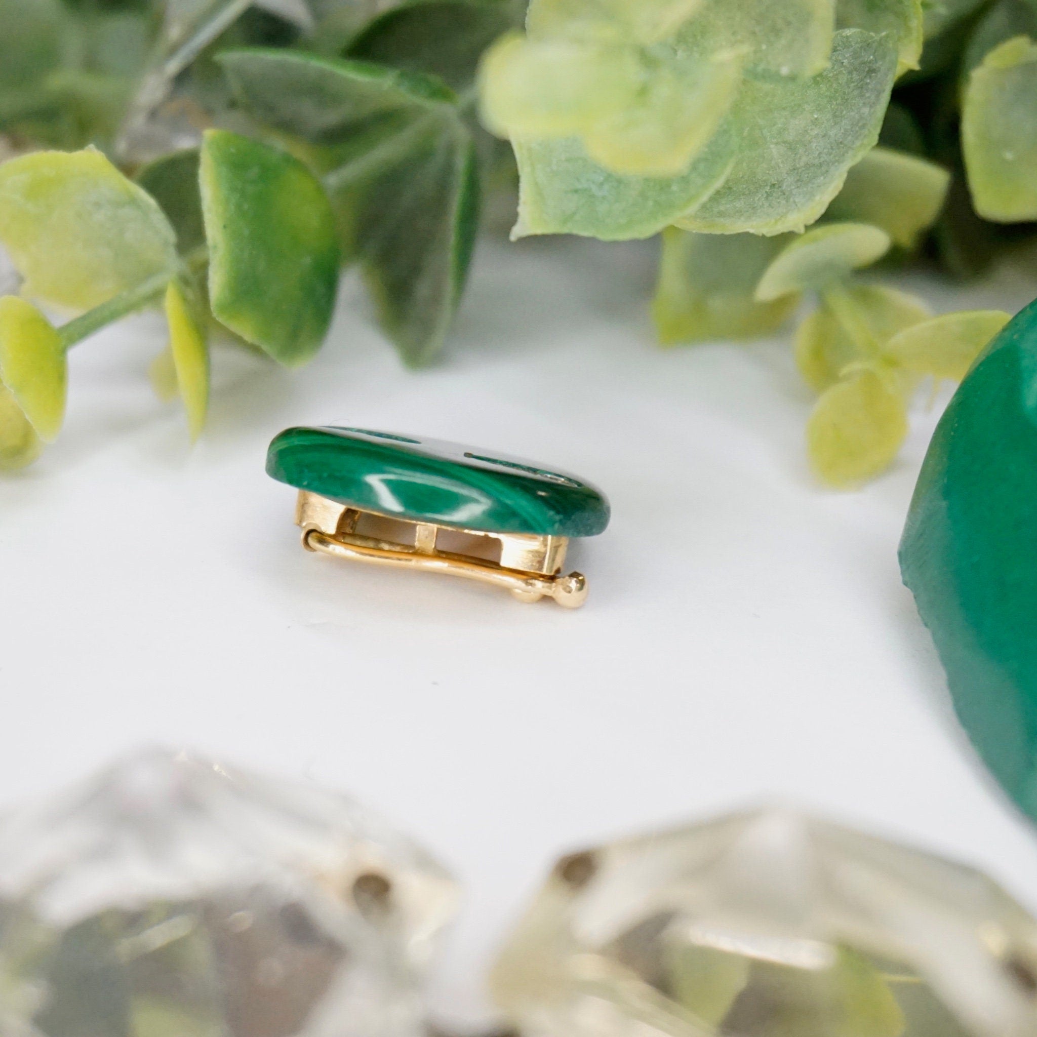 Vintage 14k Gold Diamond Malachite Barrette/Clip, Small Circle Malachite Pin With Diamond Accents and Gold Setting, Green Diamond Clip