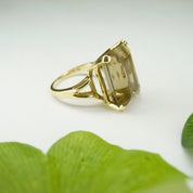 Vintage 14K Gold Smoky Quartz/Citrine Ring, Gold Cocktail Ring With Emerald Cut Stone, Champagne Color Stone Ring With 14K Gold Setting