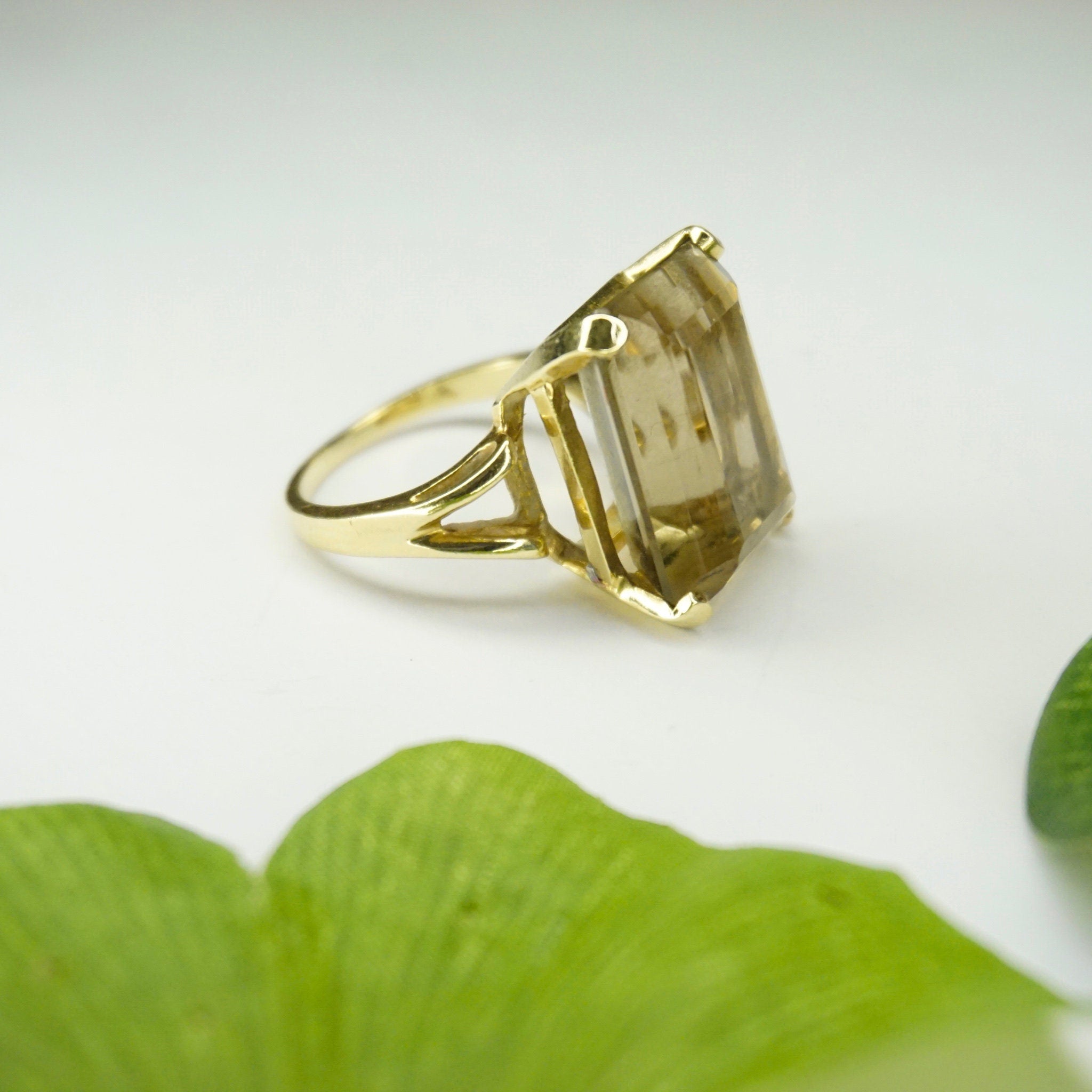 Vintage 14K Gold Smoky Quartz/Citrine Ring, Gold Cocktail Ring With Emerald Cut Stone, Champagne Color Stone Ring With 14K Gold Setting
