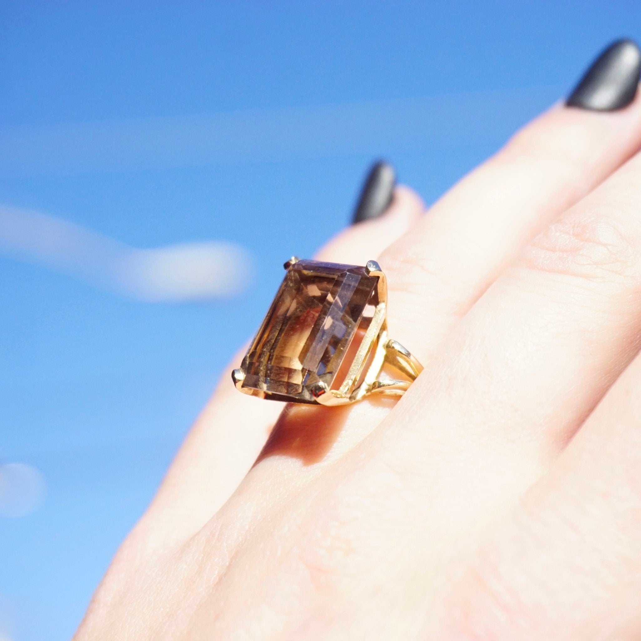 Vintage 14K Gold Smoky Quartz/Citrine Ring, Gold Cocktail Ring With Emerald Cut Stone, Champagne Color Stone Ring With 14K Gold Setting