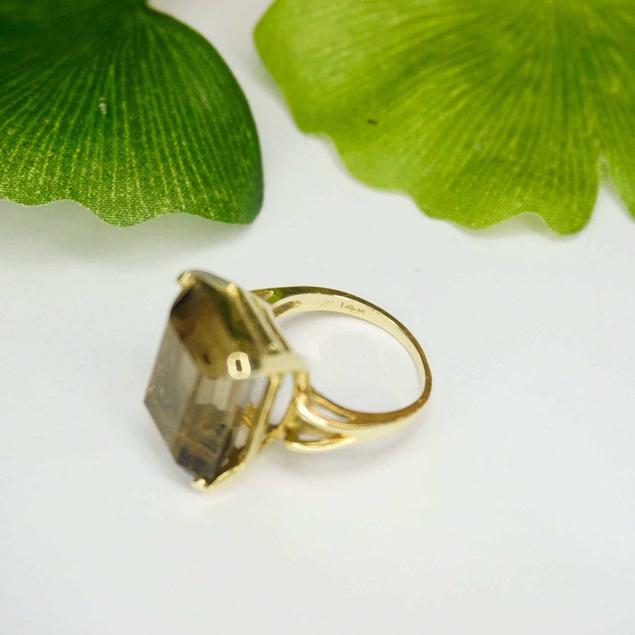 Vintage 14K Gold Smoky Quartz/Citrine Ring, Gold Cocktail Ring With Emerald Cut Stone, Champagne Color Stone Ring With 14K Gold Setting