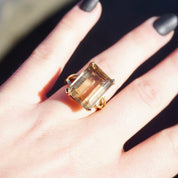 Vintage 14K Gold Smoky Quartz/Citrine Ring, Gold Cocktail Ring With Emerald Cut Stone, Champagne Color Stone Ring With 14K Gold Setting
