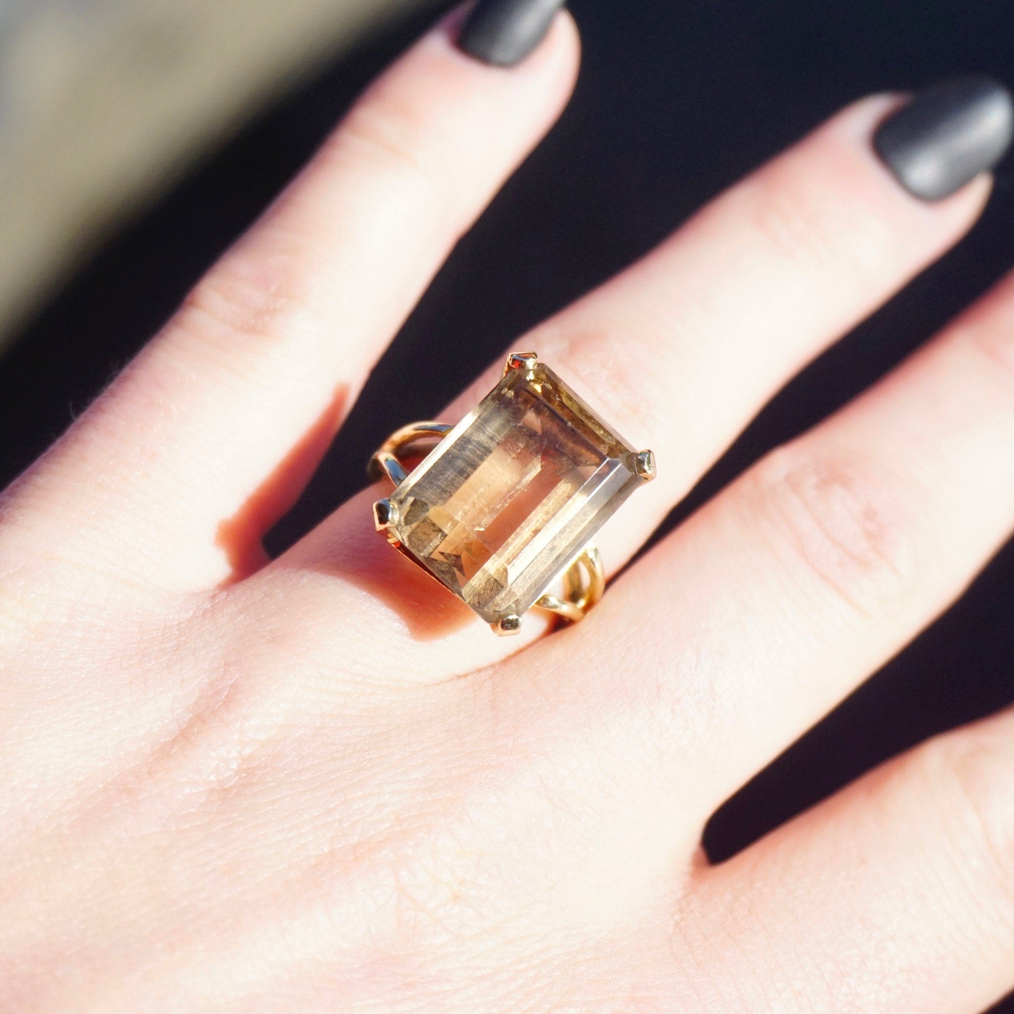 Vintage 14K Gold Smoky Quartz/Citrine Ring, Gold Cocktail Ring With Emerald Cut Stone, Champagne Color Stone Ring With 14K Gold Setting