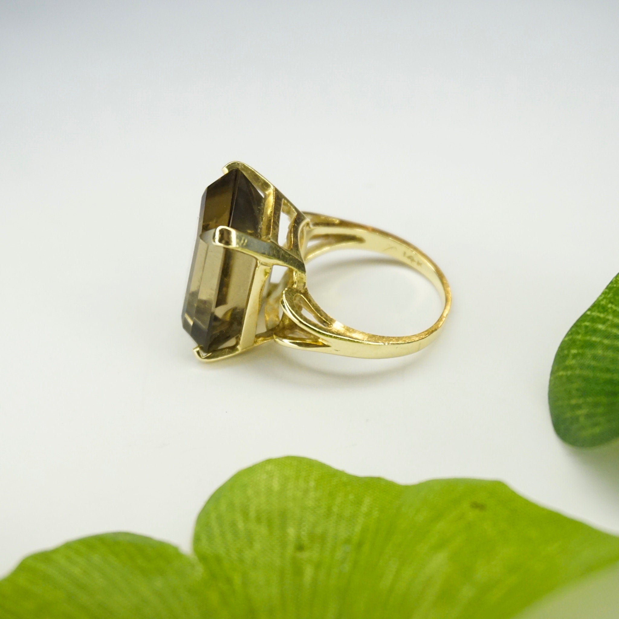 Vintage 14K Gold Smoky Quartz/Citrine Ring, Gold Cocktail Ring With Emerald Cut Stone, Champagne Color Stone Ring With 14K Gold Setting