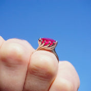 Vintage 10K White Gold Ruby Cocktail Ring, Deco Spiral Setting Gold Ring With Bright Red Stone, Beautiful Raised Stone Ring Set In Gold