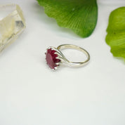 Vintage 10K White Gold Ruby Cocktail Ring, Deco Spiral Setting Gold Ring With Bright Red Stone, Beautiful Raised Stone Ring Set In Gold