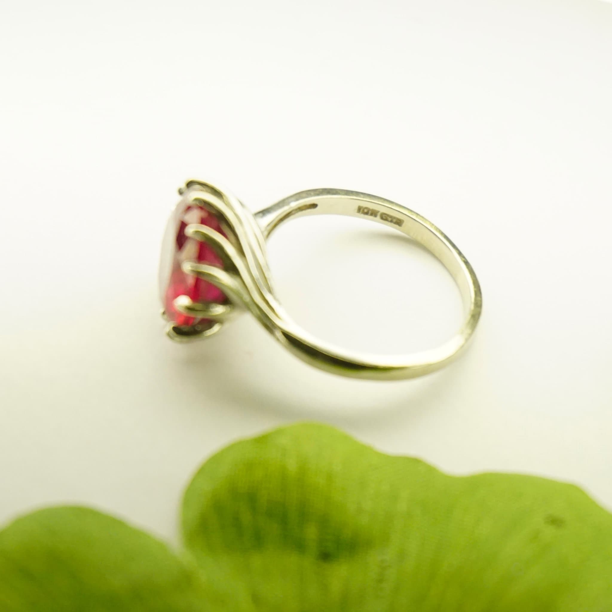 Vintage 10K White Gold Ruby Cocktail Ring, Deco Spiral Setting Gold Ring With Bright Red Stone, Beautiful Raised Stone Ring Set In Gold