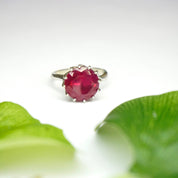 Vintage 10K White Gold Ruby Cocktail Ring, Deco Spiral Setting Gold Ring With Bright Red Stone, Beautiful Raised Stone Ring Set In Gold