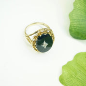 Vintage 10K Gold Onyx Ring With Accent Diamond, Gold Mourning Jewelry, Beautiful Woven Gold Ring With Black Onyx And Center Diamond, 10K