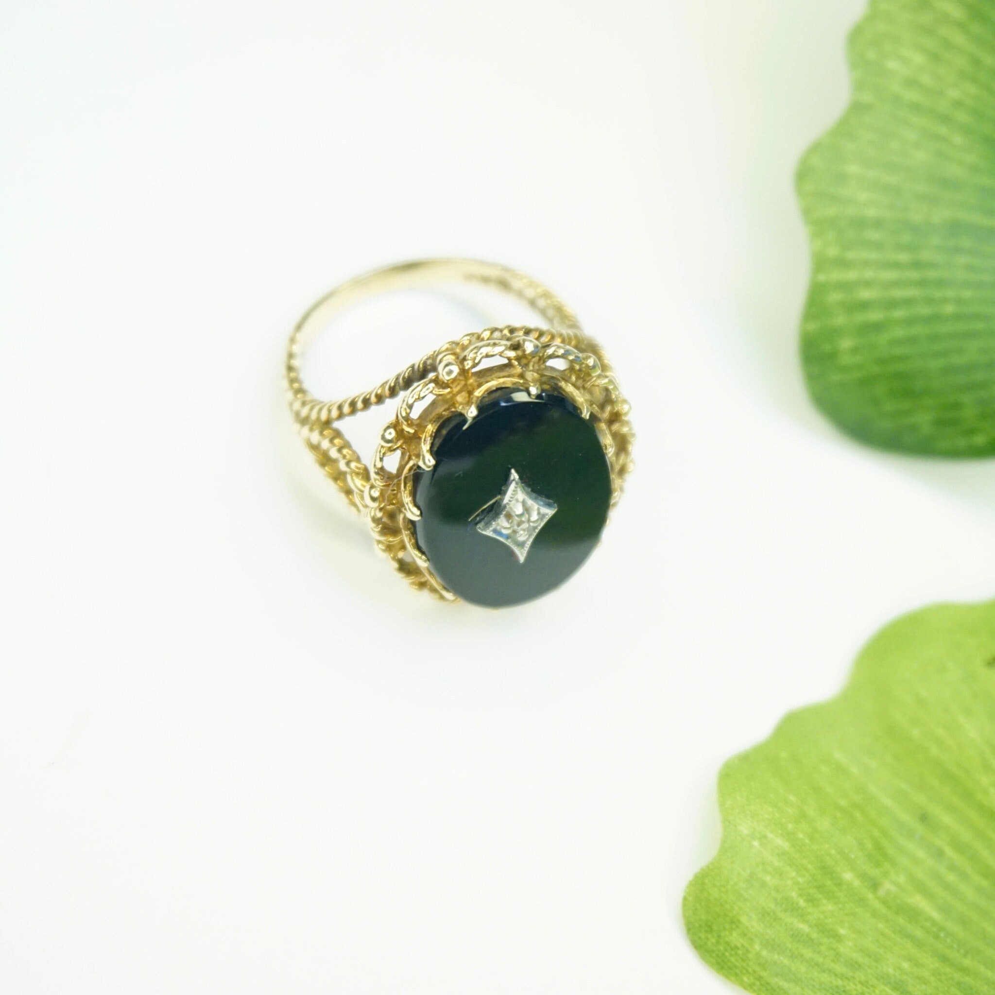 Vintage 10K Gold Onyx Ring With Accent Diamond, Gold Mourning Jewelry, Beautiful Woven Gold Ring With Black Onyx And Center Diamond, 10K
