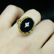 Vintage 10K Gold Onyx Ring With Accent Diamond, Gold Mourning Jewelry, Beautiful Woven Gold Ring With Black Onyx And Center Diamond, 10K