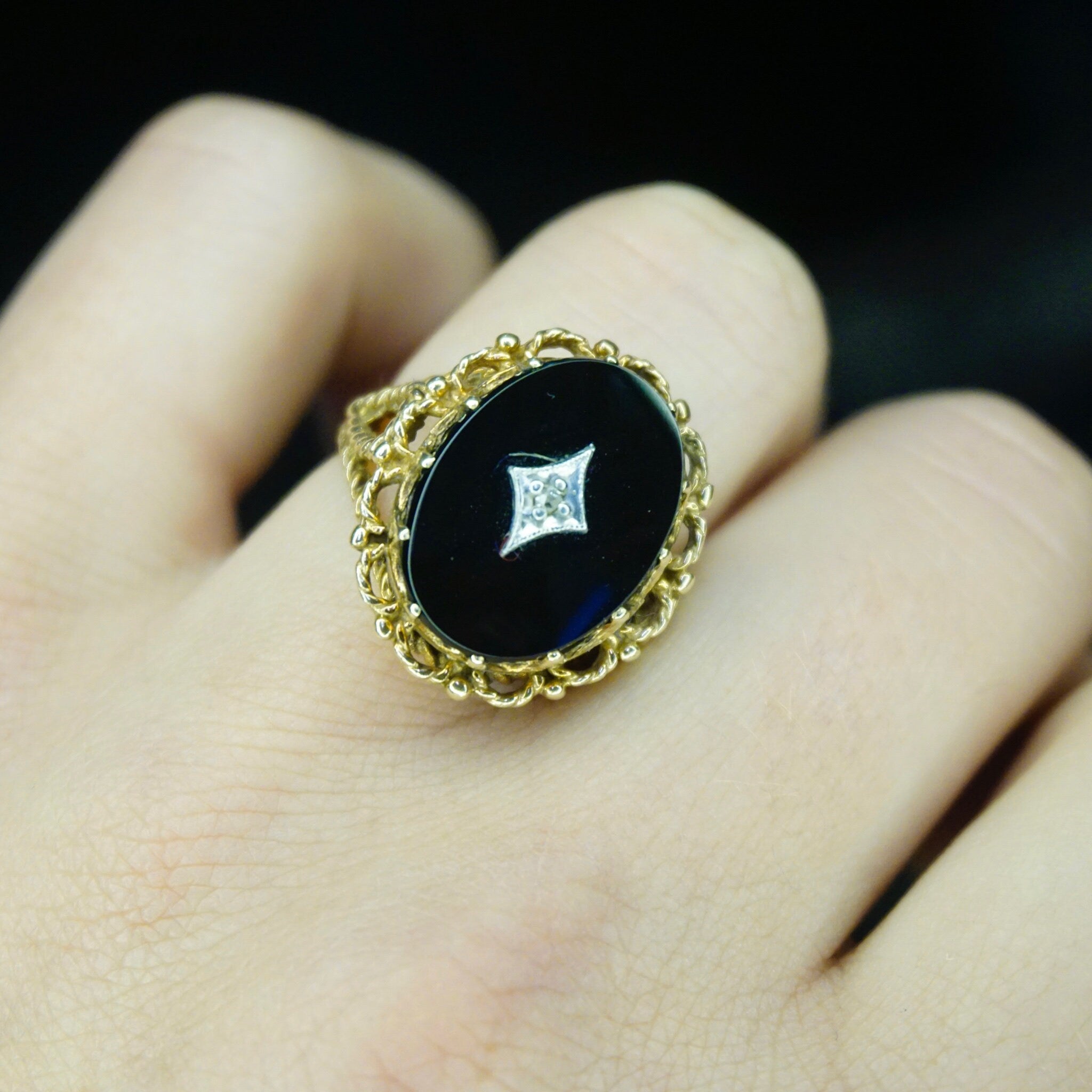 Vintage 10K Gold Onyx Ring With Accent Diamond, Gold Mourning Jewelry, Beautiful Woven Gold Ring With Black Onyx And Center Diamond, 10K