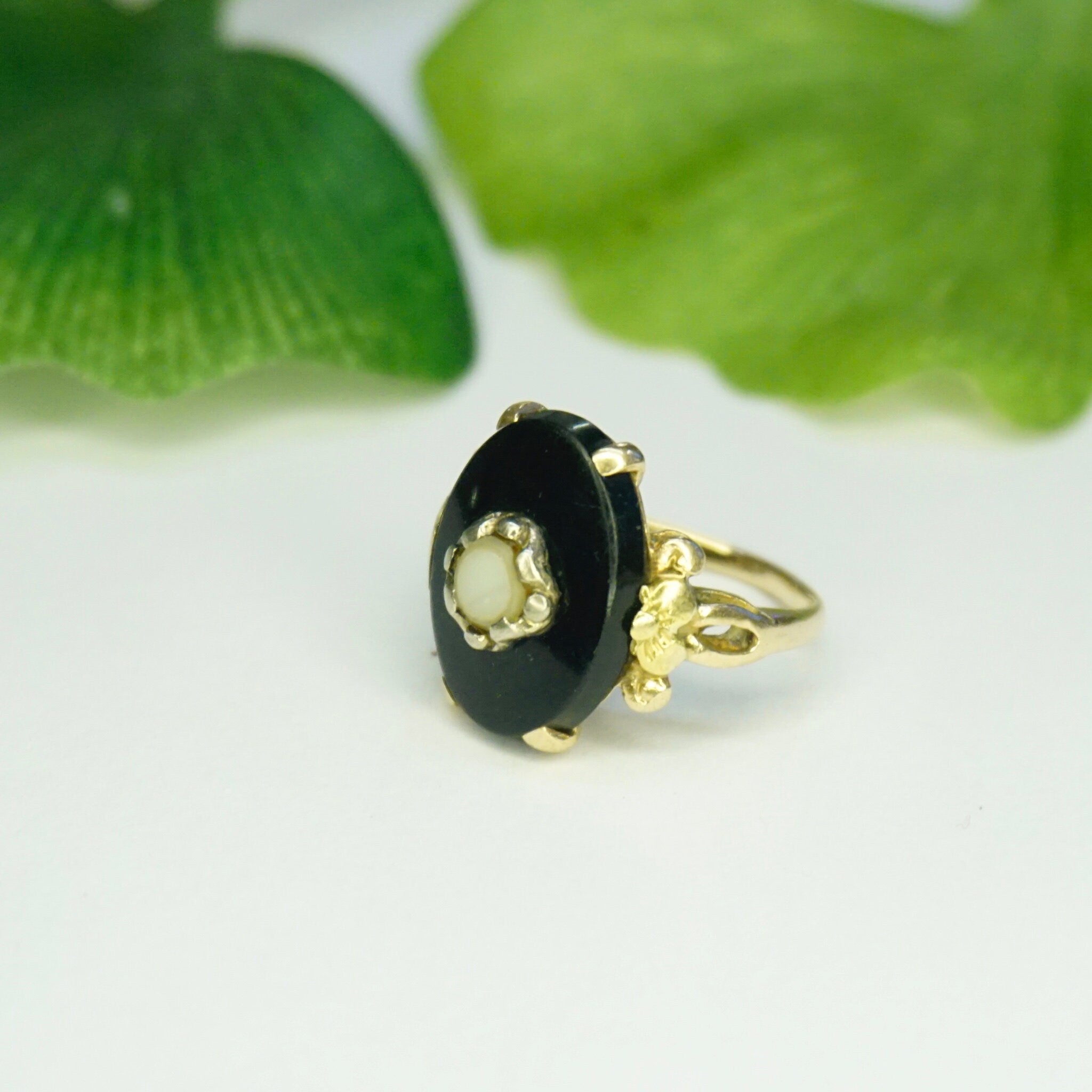 Vintage 10K Gold Mourning Jewelry Ring, Black Onyx Ring With White Center Stone And Gold Floral Embellishments, Petite 10K Gold Ring