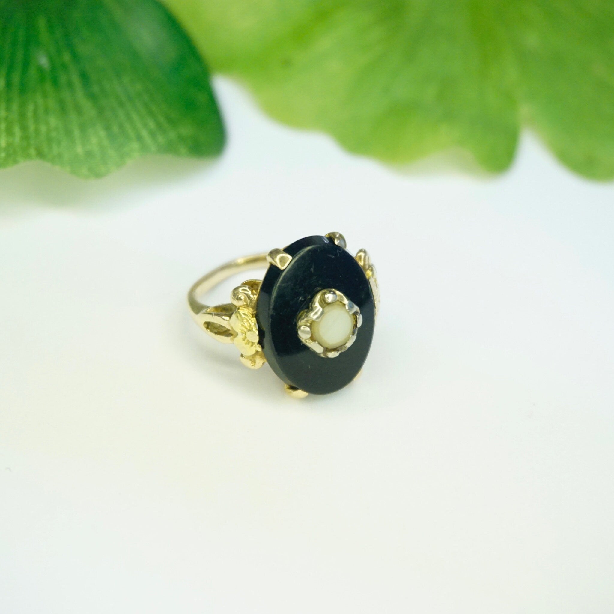 Vintage 10K Gold Mourning Jewelry Ring, Black Onyx Ring With White Center Stone And Gold Floral Embellishments, Petite 10K Gold Ring