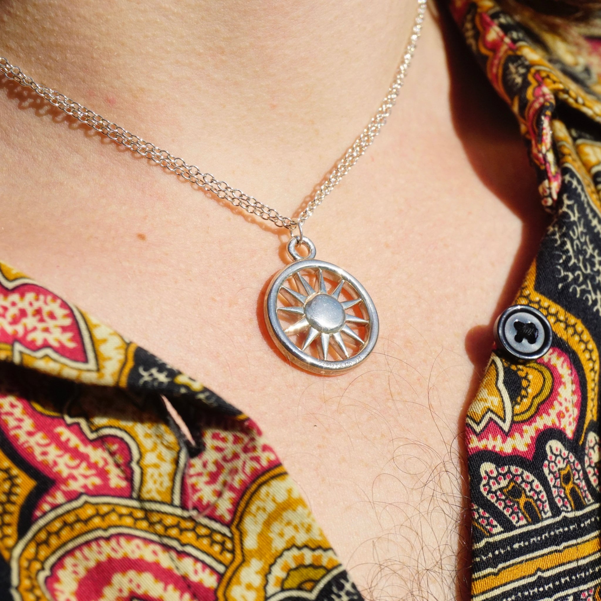 Rare Tiffany & Co. Sterling Silver Sun Pendant Necklace, Double Chain Silver Necklace Sun Circle Pendant, 2003 T and Co. Necklace, 925