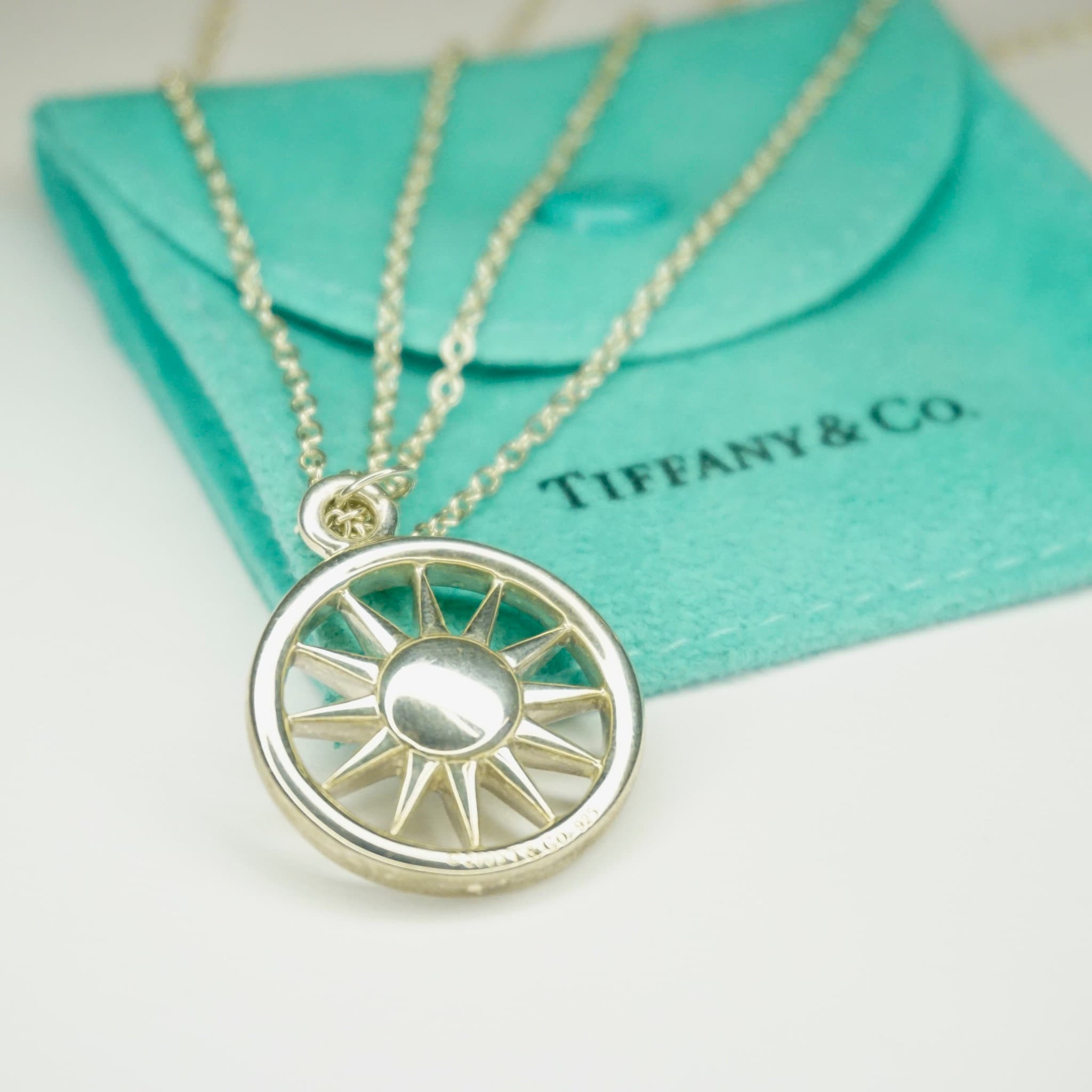 Rare Tiffany & Co. Sterling Silver Sun Pendant Necklace, Double Chain Silver Necklace Sun Circle Pendant, 2003 T and Co. Necklace, 925