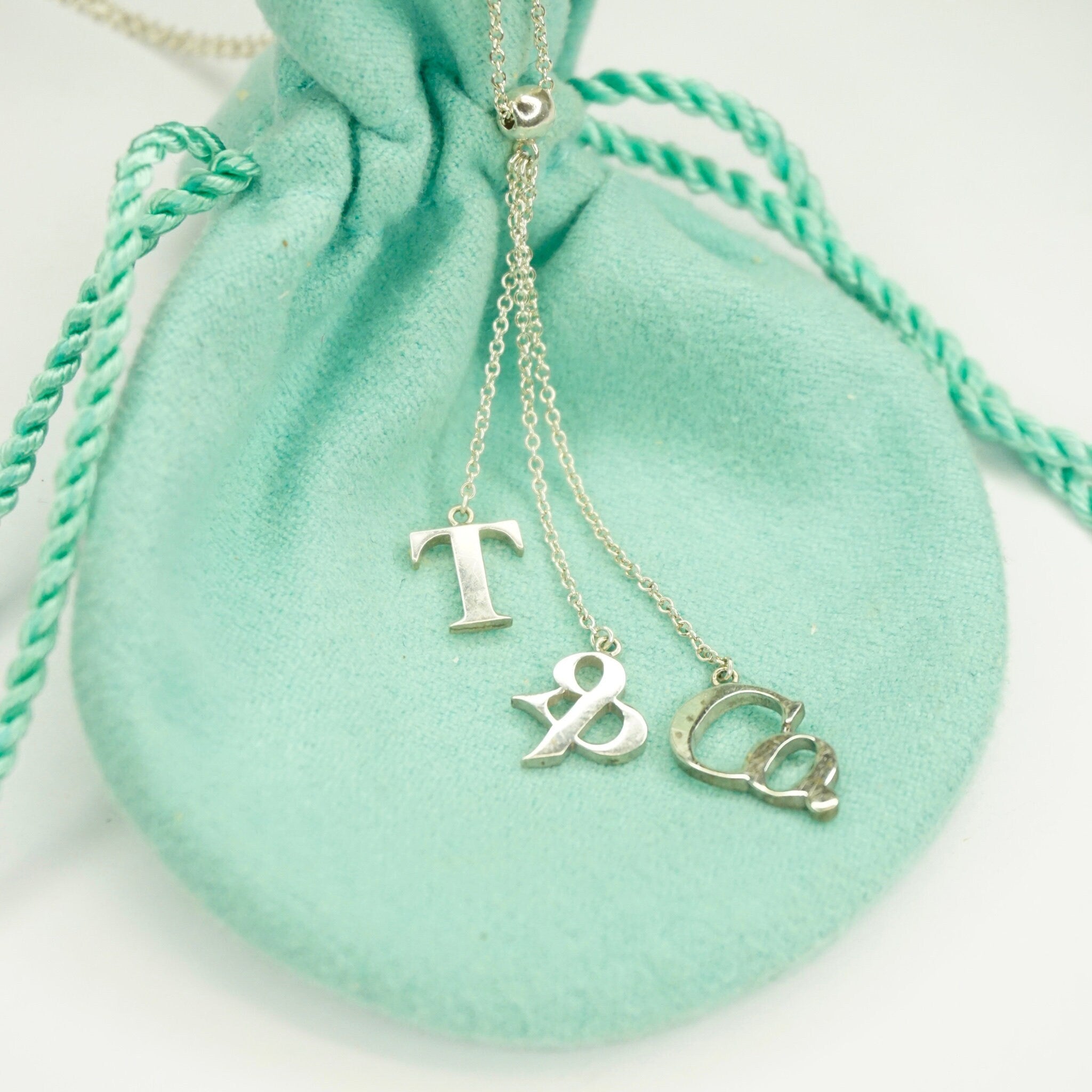 Vintage Tiffany and Co. Sterling Silver T&CO Letters Lariat Necklace, Minimalist Silver Lariat Style Chain Necklace, 925 Jewelry