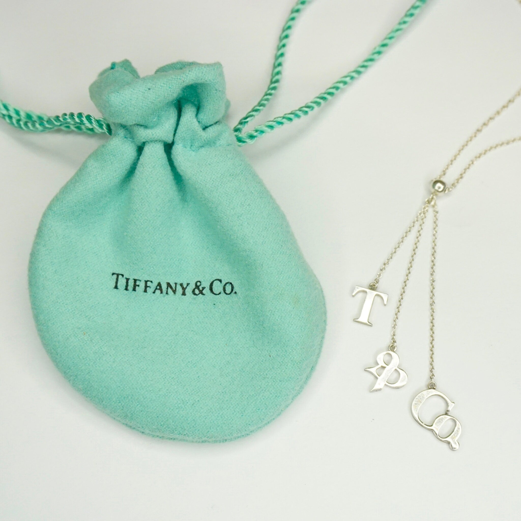 Vintage Tiffany and Co. Sterling Silver T&CO Letters Lariat Necklace, Minimalist Silver Lariat Style Chain Necklace, 925 Jewelry