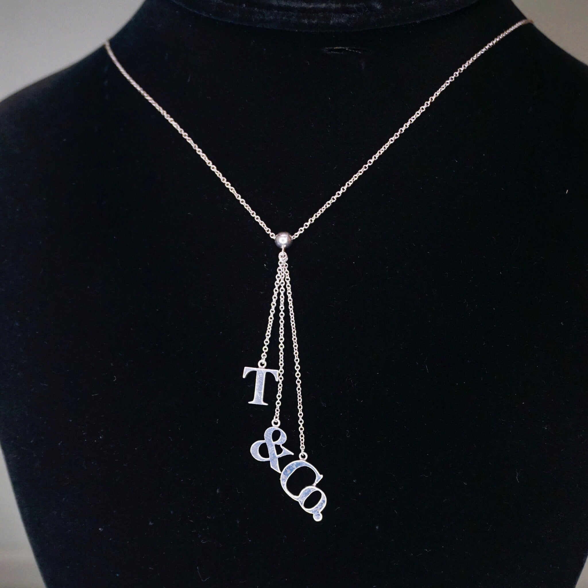 Vintage Tiffany and Co. Sterling Silver T&CO Letters Lariat Necklace, Minimalist Silver Lariat Style Chain Necklace, 925 Jewelry
