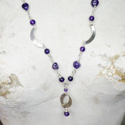 Vintage Sterling Silver Station Necklace With Purple Stones, Long Beaded Necklace With Silver Crescents, Purple and Silver Pendant Necklace