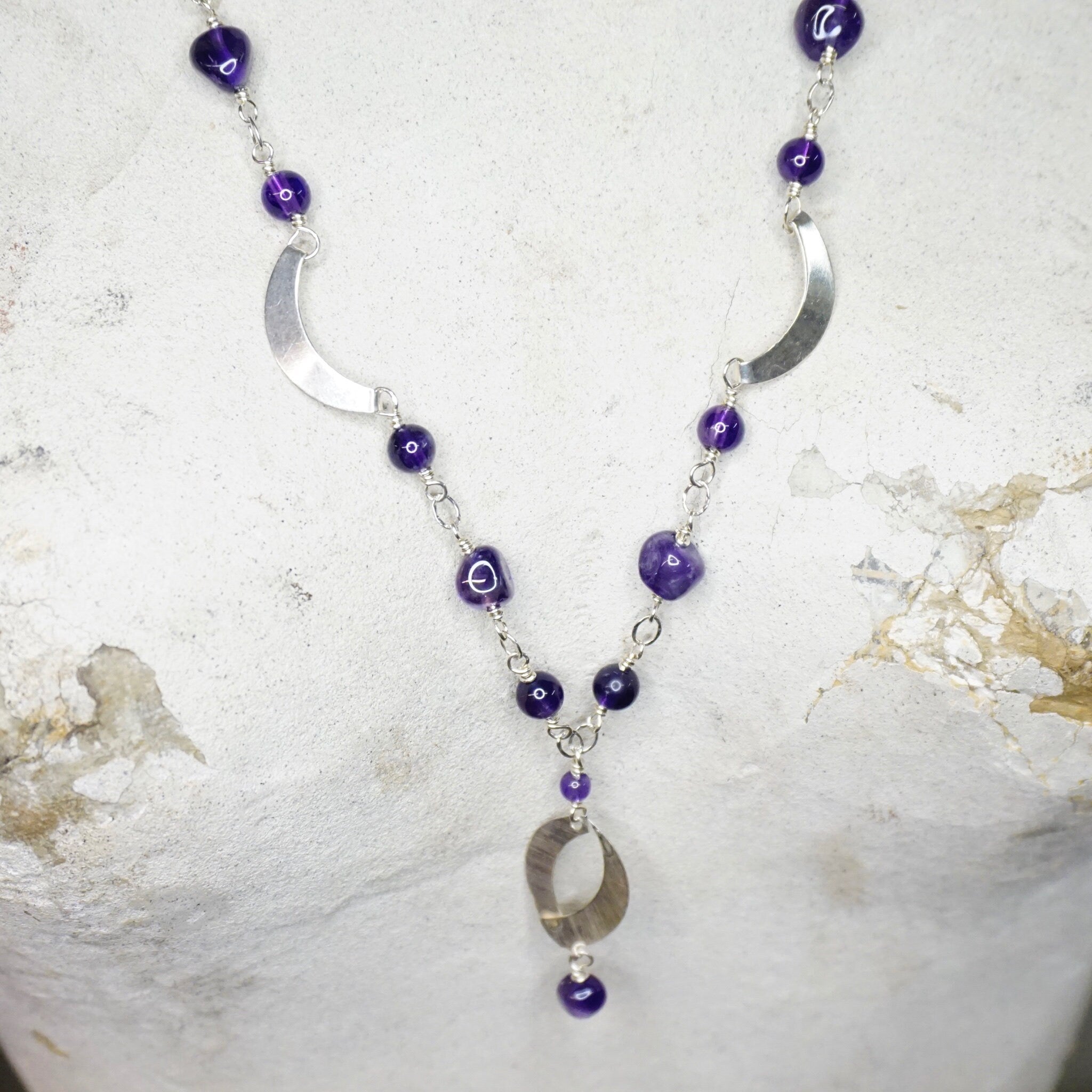 Vintage Sterling Silver Station Necklace With Purple Stones, Long Beaded Necklace With Silver Crescents, Purple and Silver Pendant Necklace