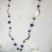Vintage Sterling Silver Station Necklace With Purple Stones, Long Beaded Necklace With Silver Crescents, Purple and Silver Pendant Necklace