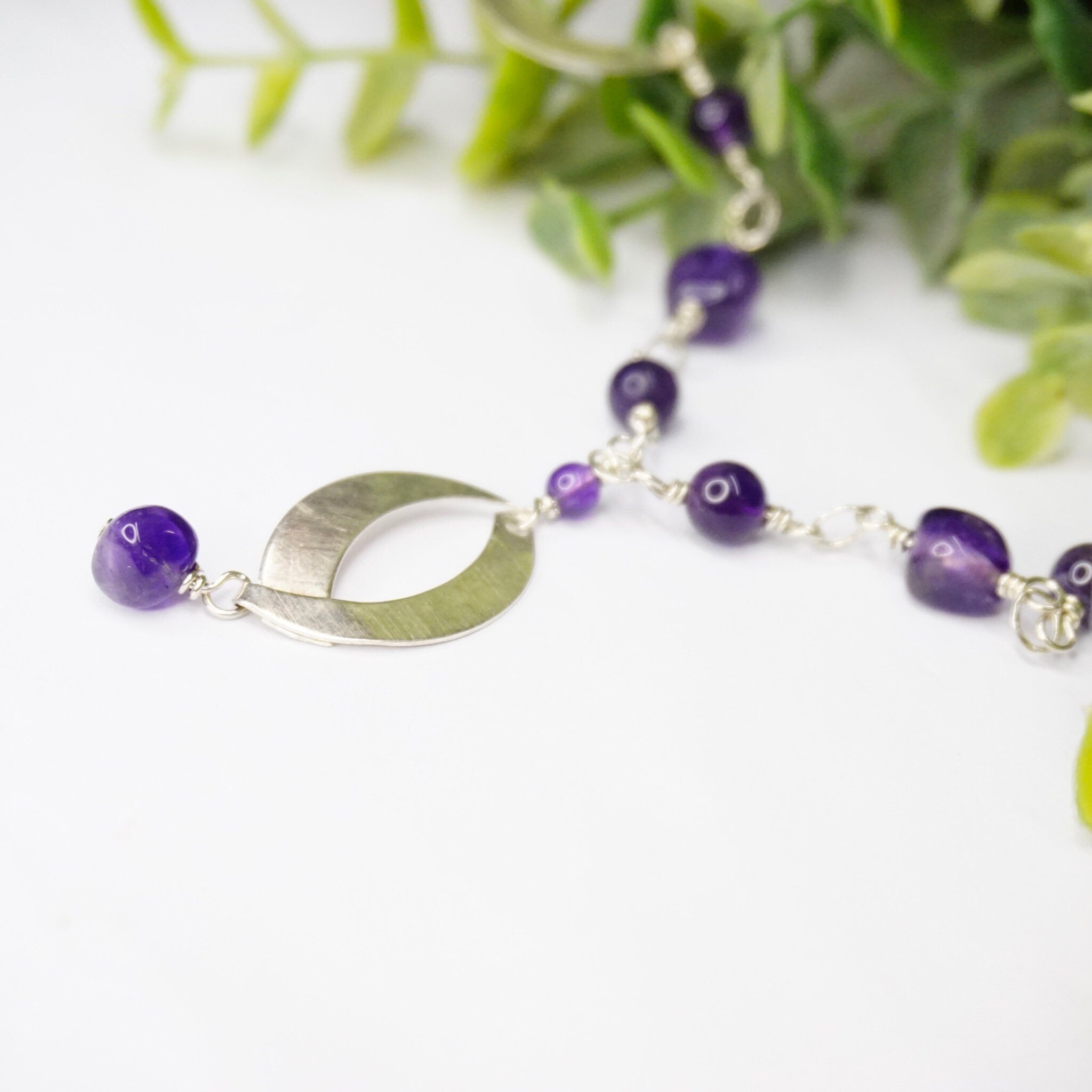 Vintage Sterling Silver Station Necklace With Purple Stones, Long Beaded Necklace With Silver Crescents, Purple and Silver Pendant Necklace