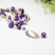 Vintage Sterling Silver Station Necklace With Purple Stones, Long Beaded Necklace With Silver Crescents, Purple and Silver Pendant Necklace