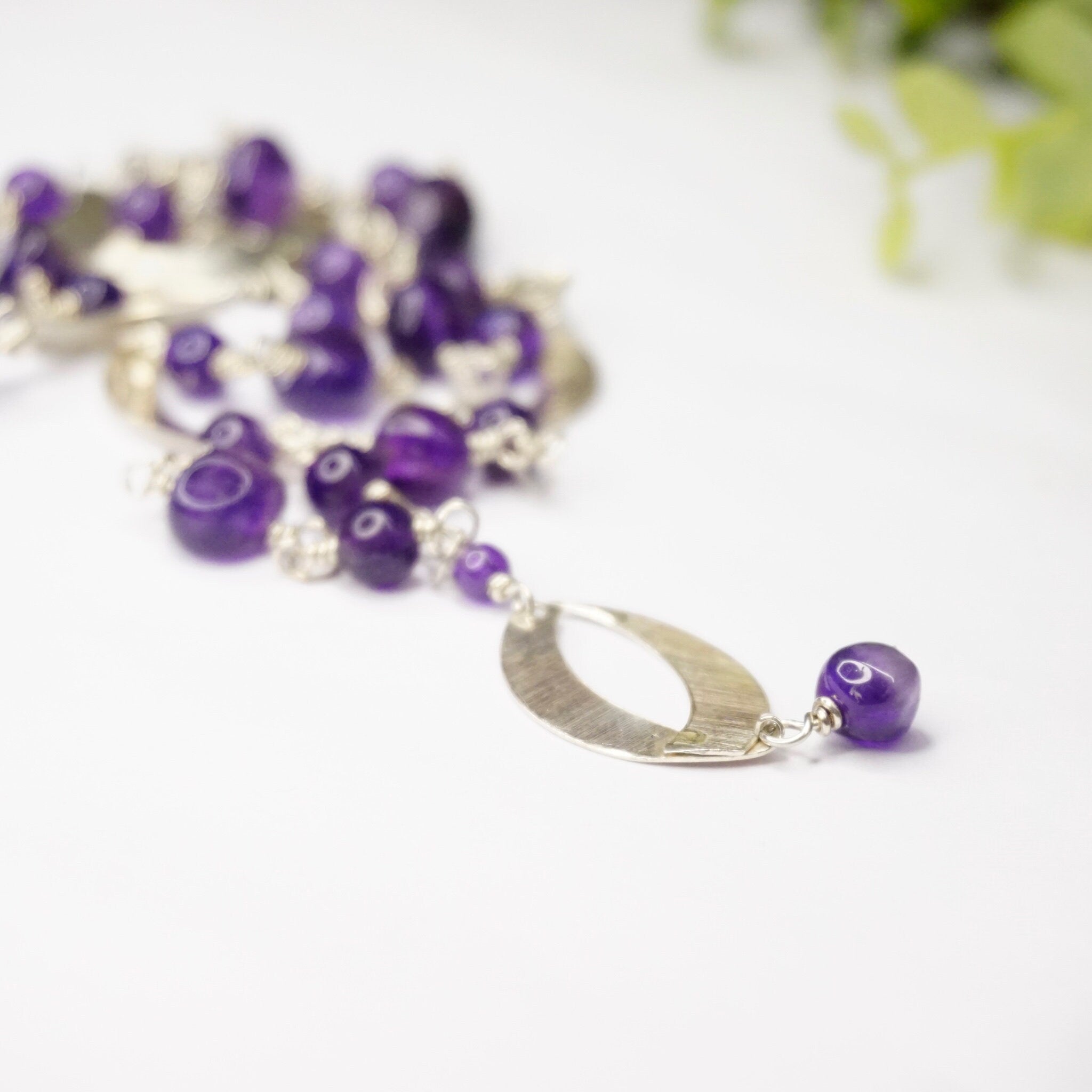 Vintage Sterling Silver Station Necklace With Purple Stones, Long Beaded Necklace With Silver Crescents, Purple and Silver Pendant Necklace