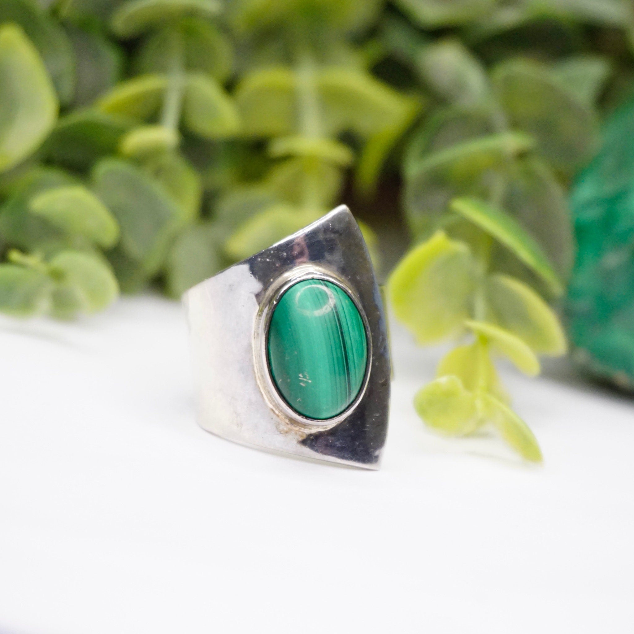 Vintage Sterling Silver Malachite Ring, Dominique Dinouart Designs, Hammered Silver Wrap Malachite Ring, Mexico 925 DDD Jewelry