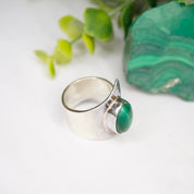 Vintage Sterling Silver Malachite Ring, Dominique Dinouart Designs, Hammered Silver Wrap Malachite Ring, Mexico 925 DDD Jewelry