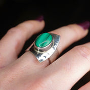 Vintage Sterling Silver Malachite Ring, Dominique Dinouart Designs, Hammered Silver Wrap Malachite Ring, Mexico 925 DDD Jewelry