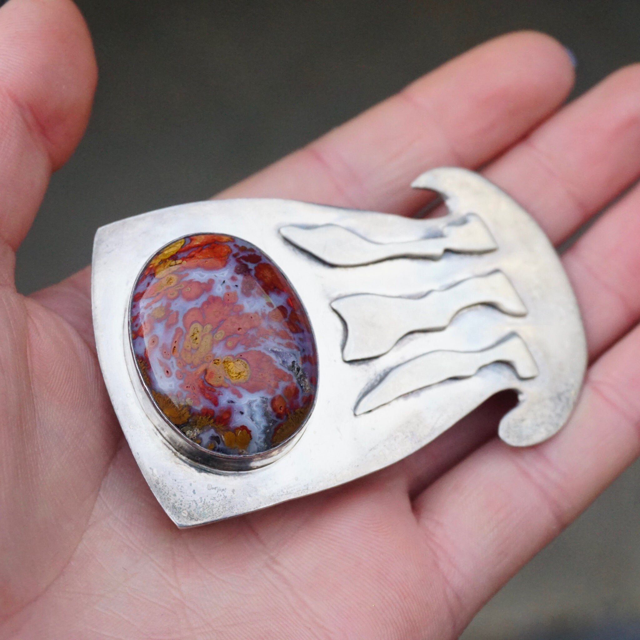Vintage Silver Belt Buckle With Lace Agate Stone, Abstract Silver Belt Buckle With Large Orange and Purple Stone, Silver Belt Buckle, 925