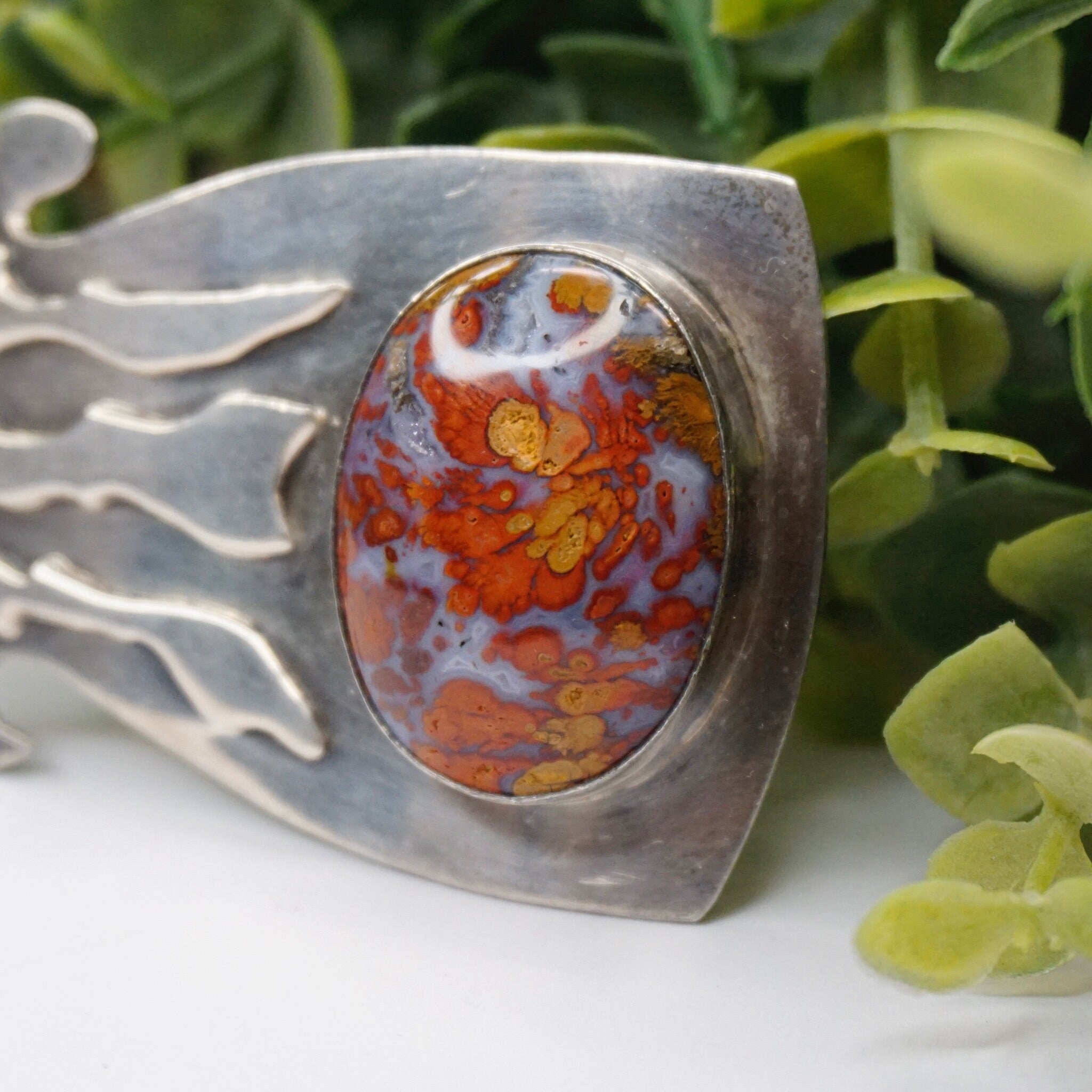 Vintage Silver Belt Buckle With Lace Agate Stone, Abstract Silver Belt Buckle With Large Orange and Purple Stone, Silver Belt Buckle, 925