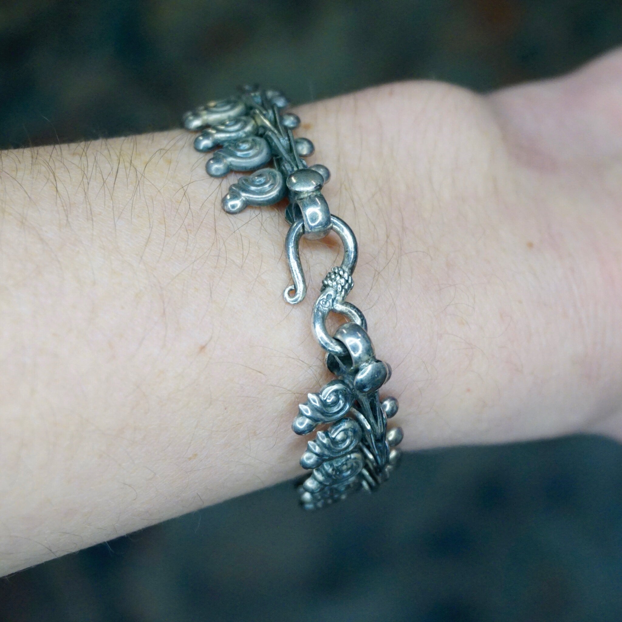 Vintage Sterling Silver Link Bracelet, Nouveau Style Bracelet With Silver Swirls, Unique Silver Bracelet With Abstract Embellishments, 925
