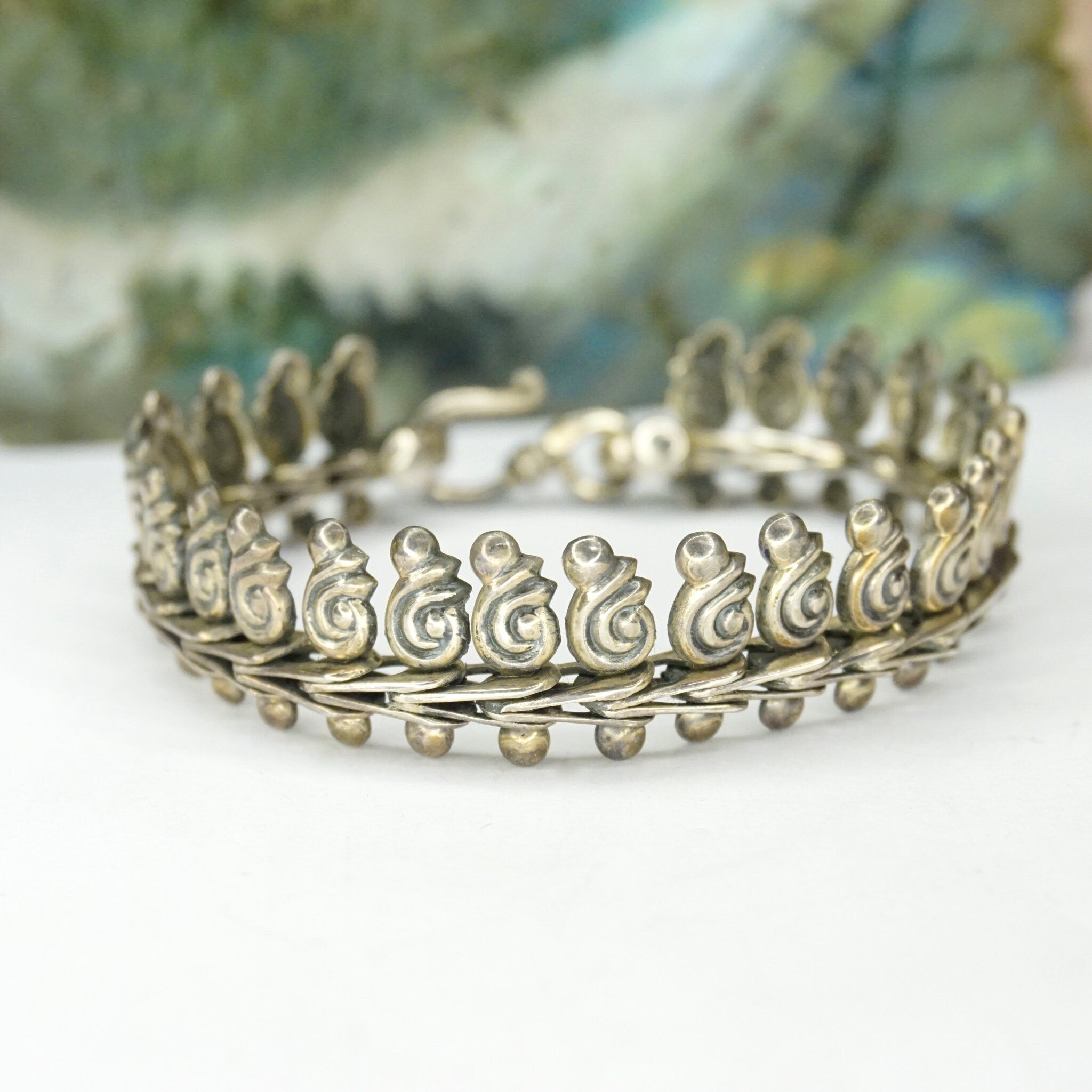Vintage Sterling Silver Link Bracelet, Nouveau Style Bracelet With Silver Swirls, Unique Silver Bracelet With Abstract Embellishments, 925