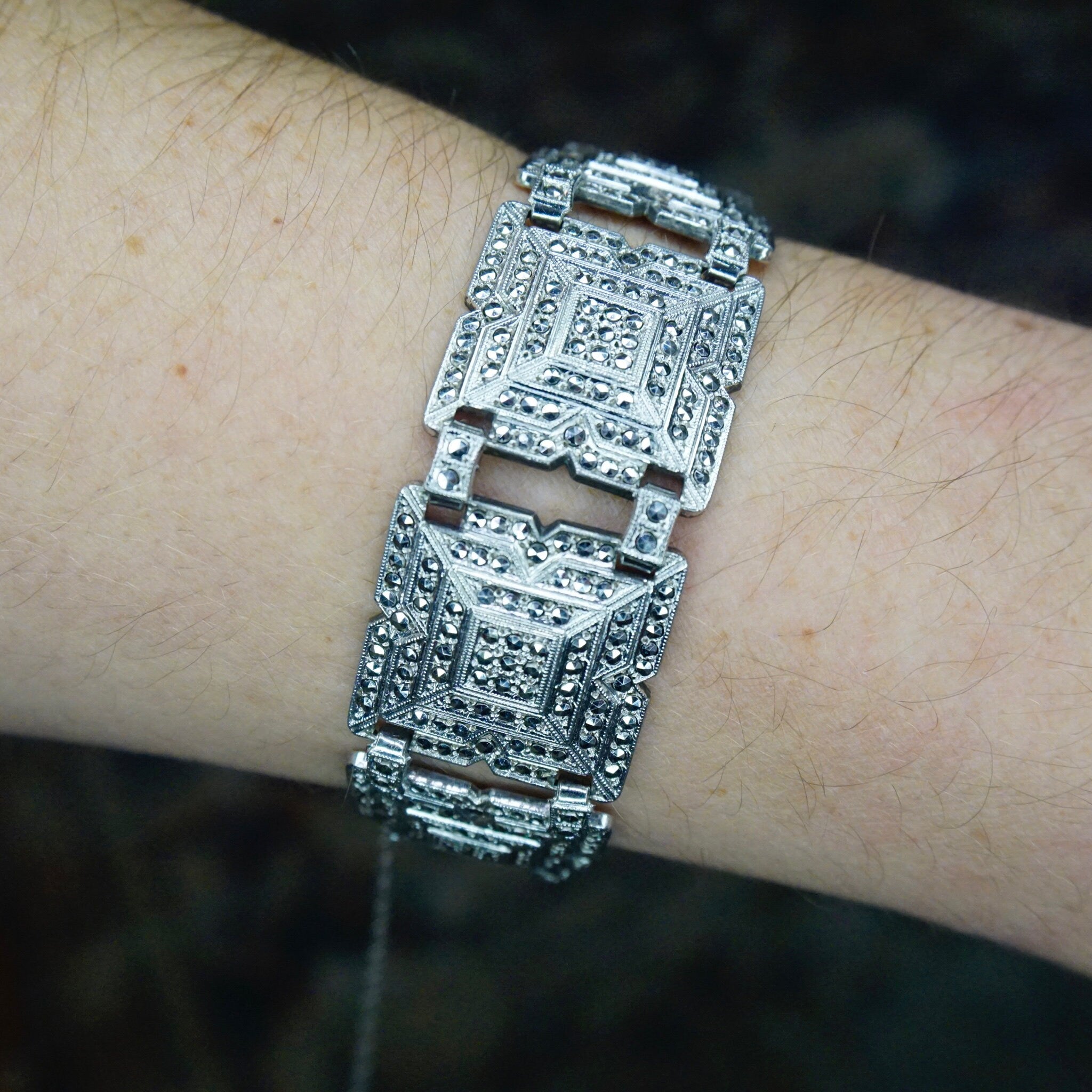 Vintage BK Sterling Silver Marcasite Bracelet, Art Deco Silver Square Panel Bracelet, Marcasite Crusted Sterling Bracelet, BK Sterling, 925