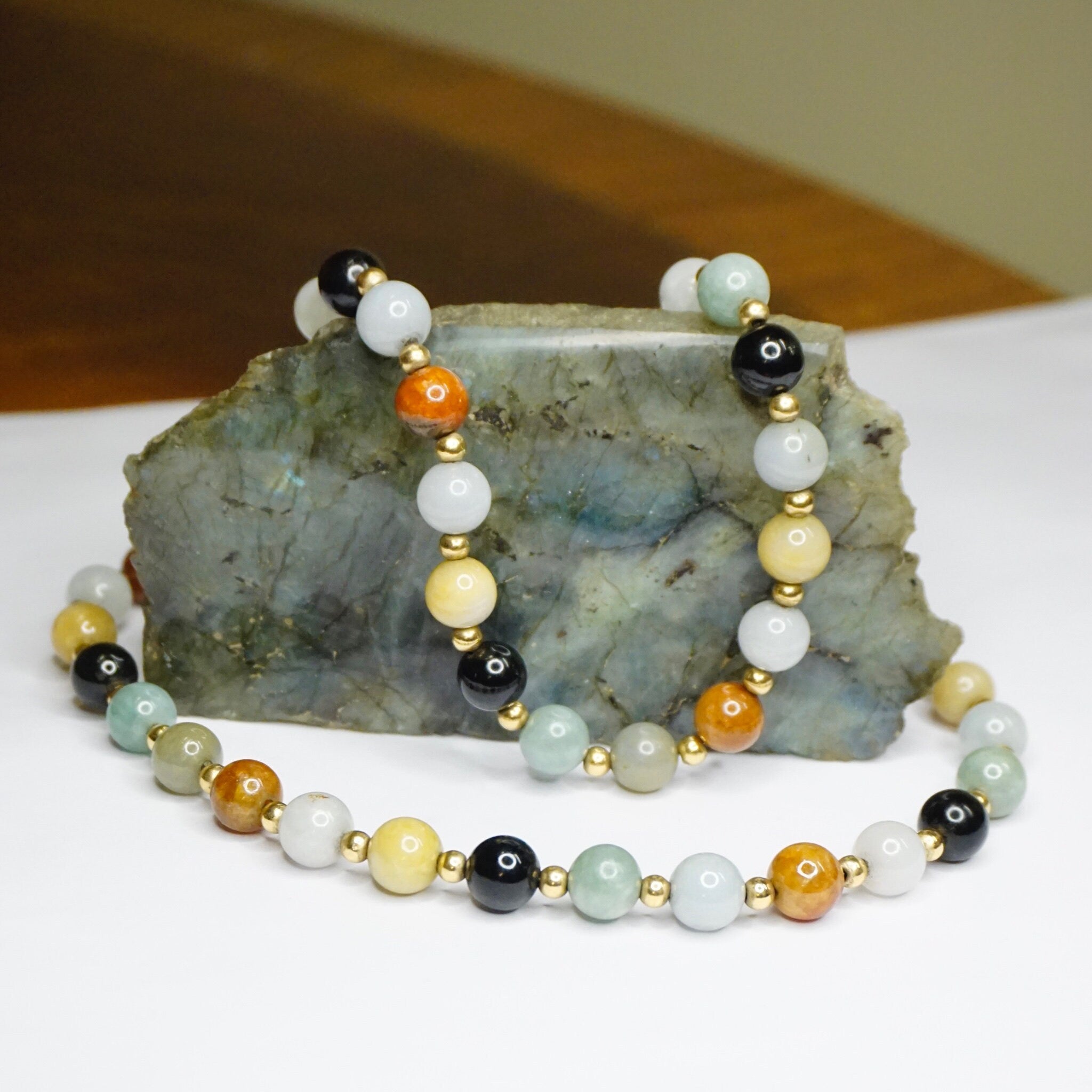 Vintage 14K Gold Jade Bead Necklace, Multi-Color Jade Necklace, Chinese Gold and Jade Bead Necklace, Nephrite Jade, 585 Jewelry