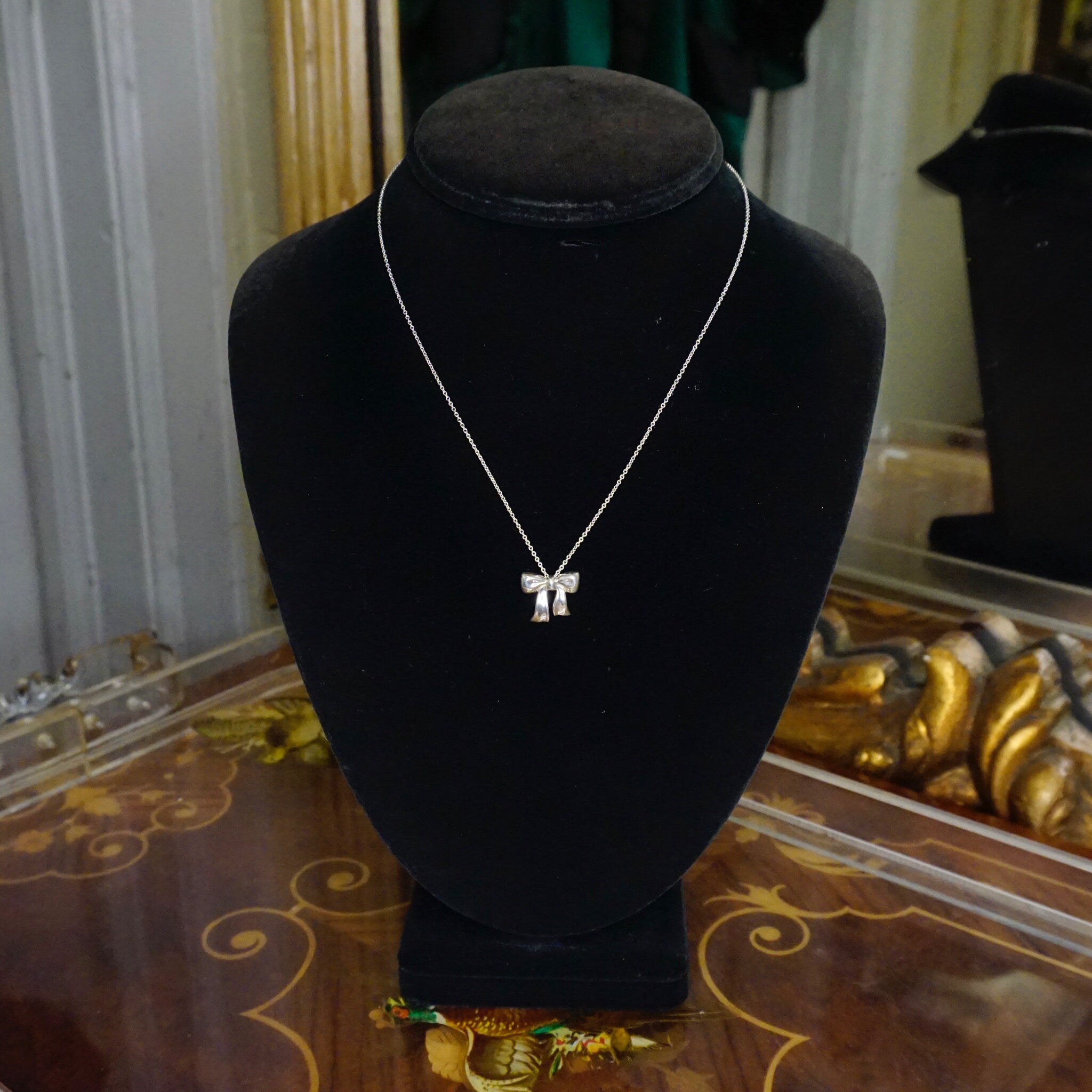 Vintage Tiffany & Co. Silver Ribbon Bow Pendant Necklace, Sterling Silver 1990 Tiffany and Co. Necklace With Original Bag and Box, 925