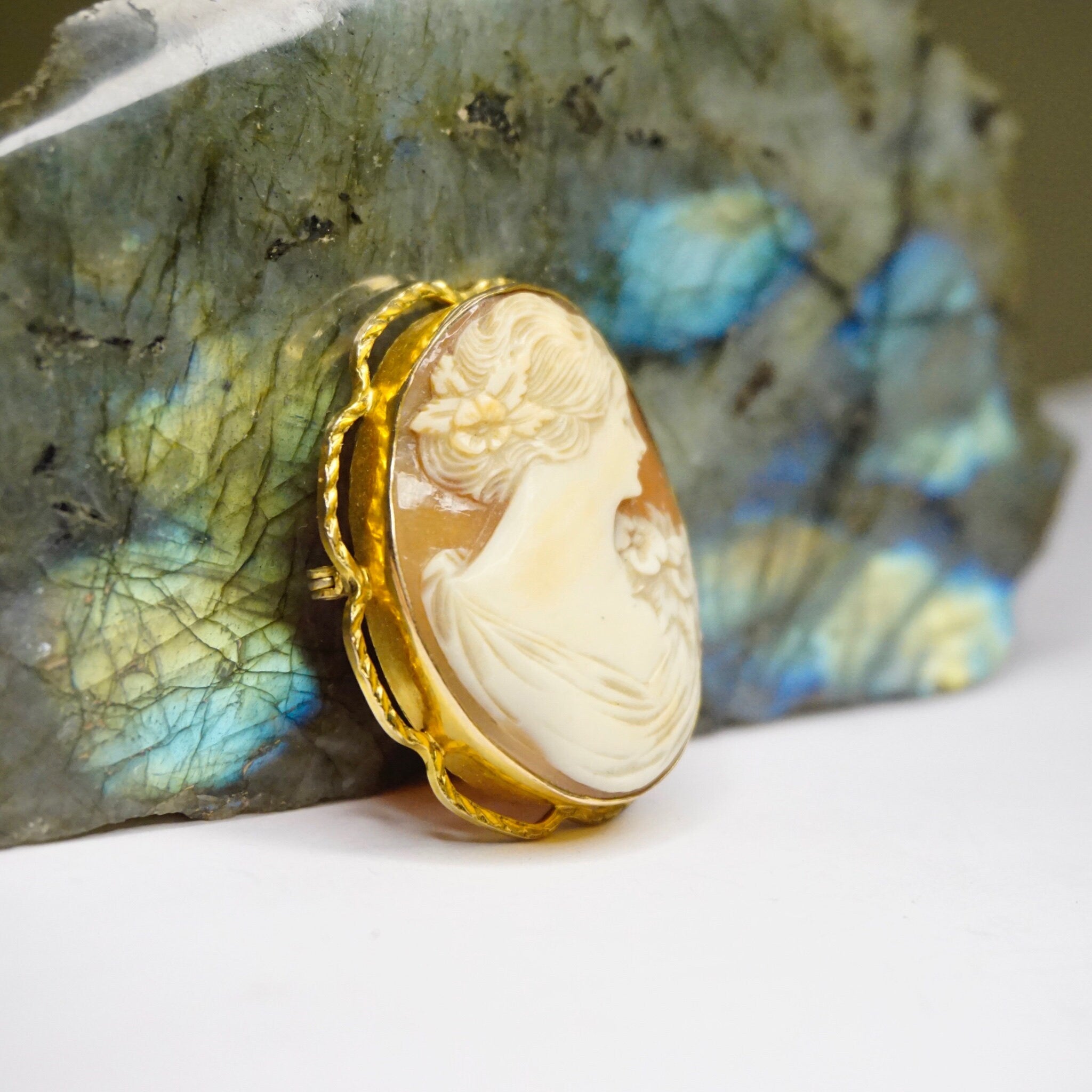 Vintage 10K Gold Filled Cameo Brooch, Beautiful Cameo With Detailed Carving Of A Women With Flowers, 1/20 10K AMCO Shell Cameo Brooch