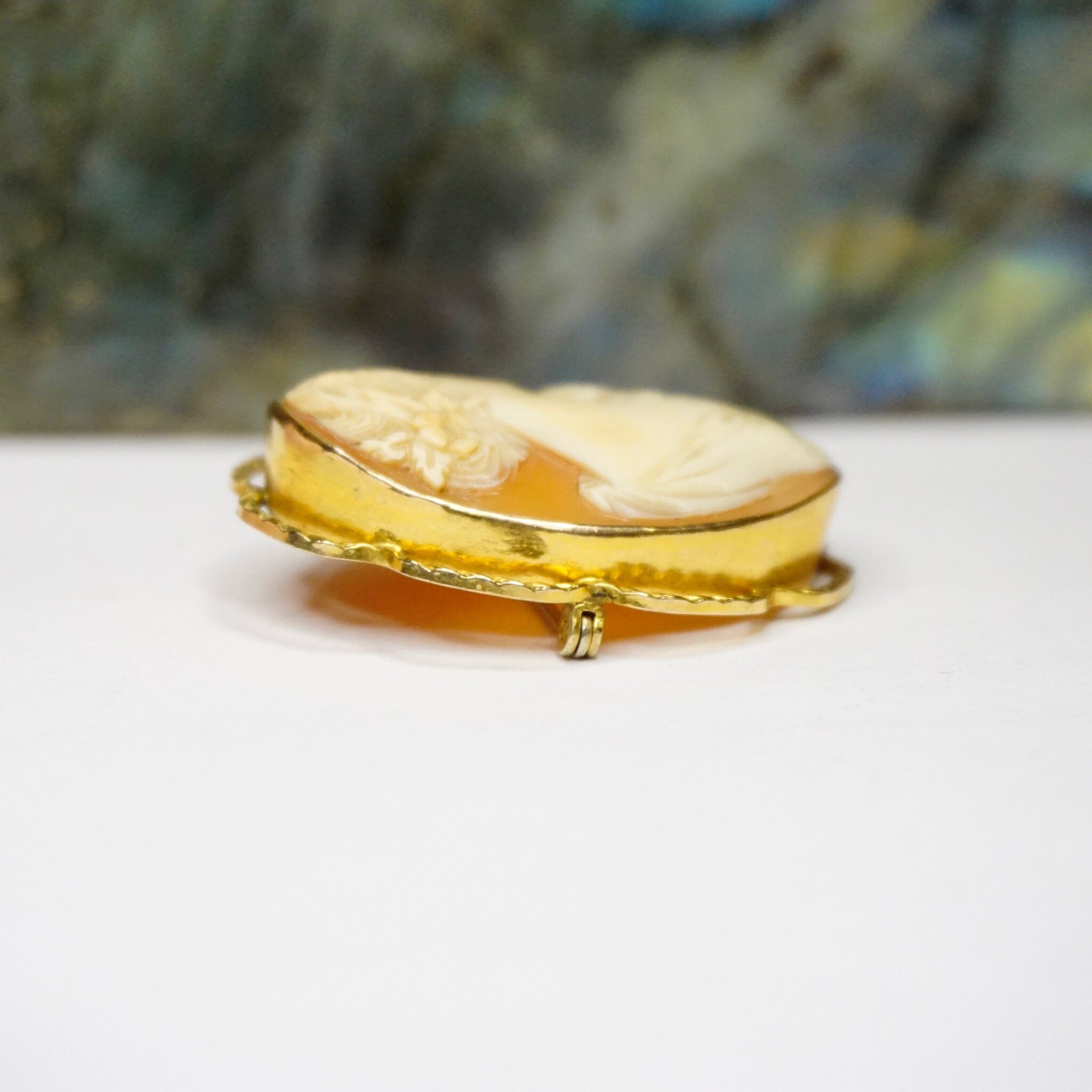 Vintage 10K Gold Filled Cameo Brooch, Beautiful Cameo With Detailed Carving Of A Women With Flowers, 1/20 10K AMCO Shell Cameo Brooch