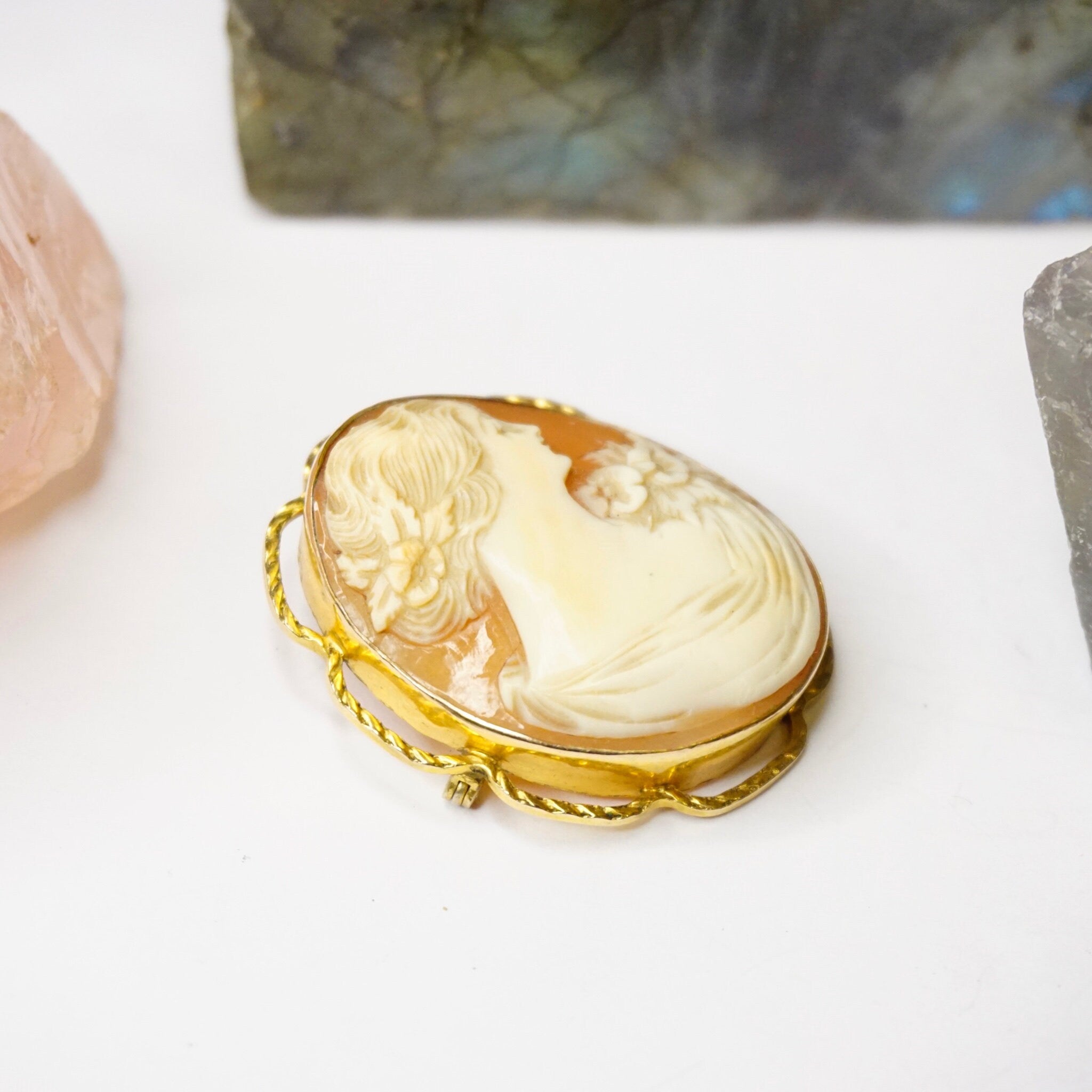 Vintage 10K Gold Filled Cameo Brooch, Beautiful Cameo With Detailed Carving Of A Women With Flowers, 1/20 10K AMCO Shell Cameo Brooch