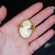 Vintage 10K Gold Filled Cameo Brooch, Beautiful Cameo With Detailed Carving Of A Women With Flowers, 1/20 10K AMCO Shell Cameo Brooch
