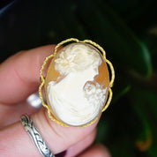 Vintage 10K Gold Filled Cameo Brooch, Beautiful Cameo With Detailed Carving Of A Women With Flowers, 1/20 10K AMCO Shell Cameo Brooch