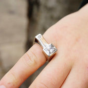 Vintage Sterling Silver Ring With Off Set Stone, Unique Silver Ring With Rectangle Face And Emerald Cut Glass, Small Silver Cut Out Ring